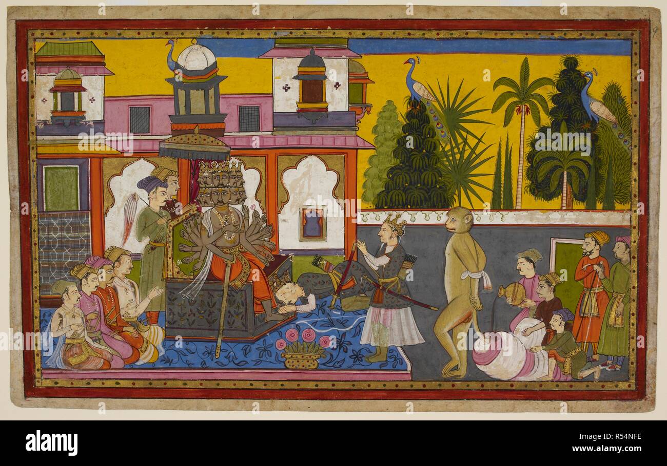 HanumÄN ha permesso a se stesso di essere legato e preso prima RÄvaá¹‡a chi è seduto su un grande trono nel suo palazzo, con i suoi ministri intorno a lui. Egli annuncia se stesso come il messaggero di RÄma e richieste SÄ"tÄâ€™s ritorno. RÄVaá¹‡a rabbiosamente gli ordina di essere messo a morte, ma VibhÄ"á¹£aá¹‡a, RÄvaá¹‡l€™s fratello, umilmente supplica RÄvaá¹‡a di risparmiare la vita di un messaggero, inviati possono essere puniti ma non uccisi. RÄVaá¹‡a ordini HanumÄn invece di essere guidato attraverso la città con la sua coda legati in stracci sporchi di olio e incendiata. Prima HanumÄn permette a se stesso a soffrire di questa situazione indegna, ma libera poi Foto Stock