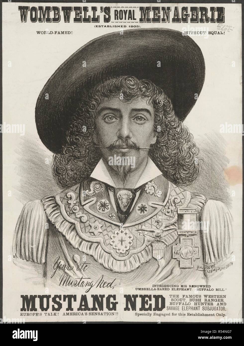 Mustang Ned. Una collezione di opuscoli da locandine, e la miscella. Londra, 1889. Un poster per una performance a Wombwell del serraglio reale, da Mustang Ned, il famoso western scout, bush ranger, buffalo hunter e selvaggia subjugator elefante. Immagine presa da una raccolta di opuscoli da locandine e stampati vari in materia di intrattenimento in stile vittoriano e la vita di tutti i giorni. Originariamente pubblicato/prodotto in Londra, 1889. . Fonte: Evan.2685,. Lingua: Inglese. Foto Stock