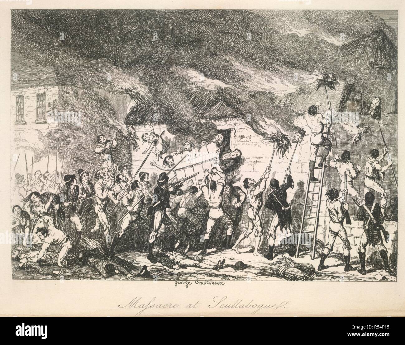 Massacro di Scullaboguel'. Alle persone di essere bruciato vivo dentro una casa. Ribellione in Irlanda. La storia della ribellione irlandese nel 1798; con memorie di unione e Emmett di insurrezione in 1803. Londra: H. G. Bohn, 1854. Fonte: 1570/1189, opposta 125. Lingua: Inglese. Autore: Maxwell, William Hamilton. Foto Stock