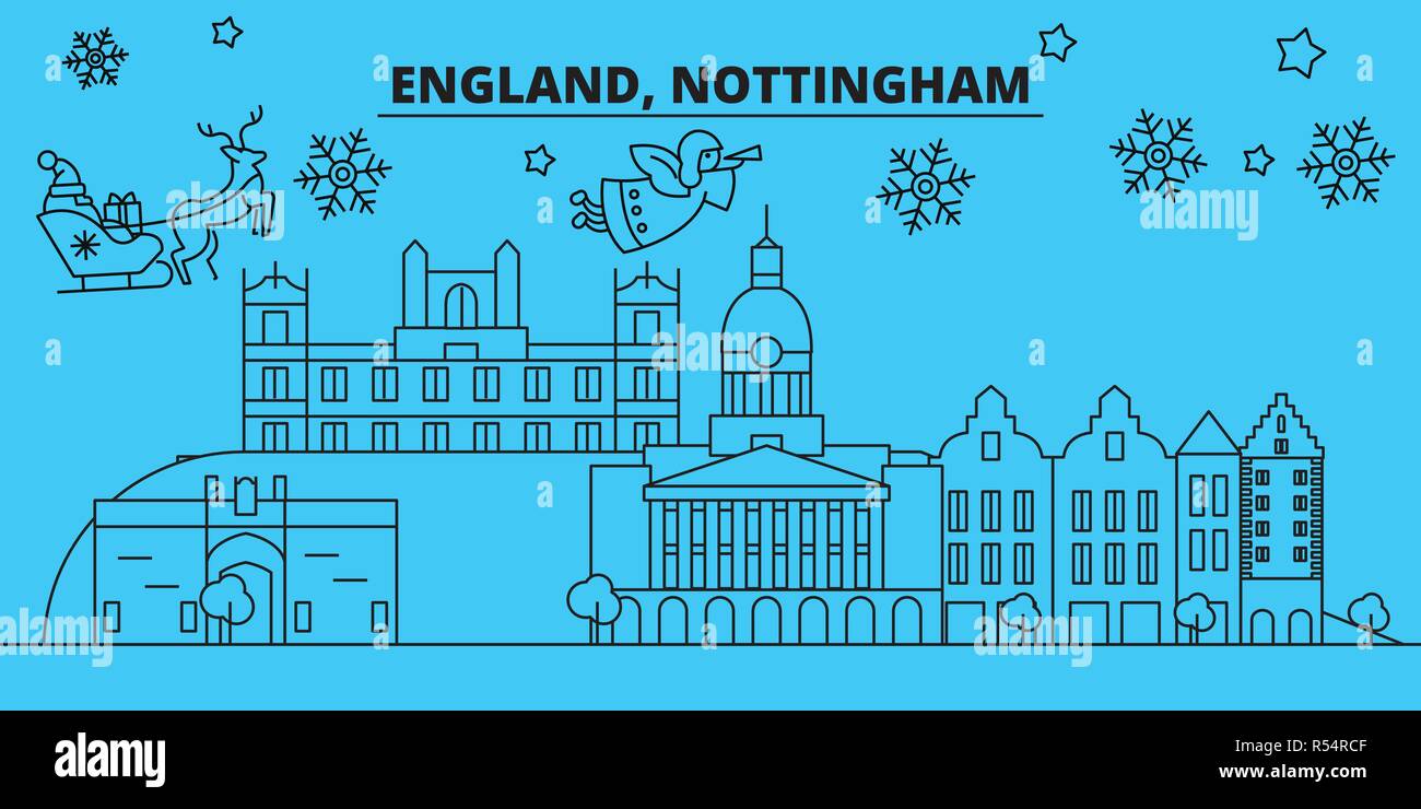 Gran Bretagna, Nottingham vacanze invernali skyline. Buon Natale e Felice Anno Nuovo banner decorati con Babbo Natale.Gran Bretagna, Nottingham lineare città natale vettore illustrazione piatta Illustrazione Vettoriale