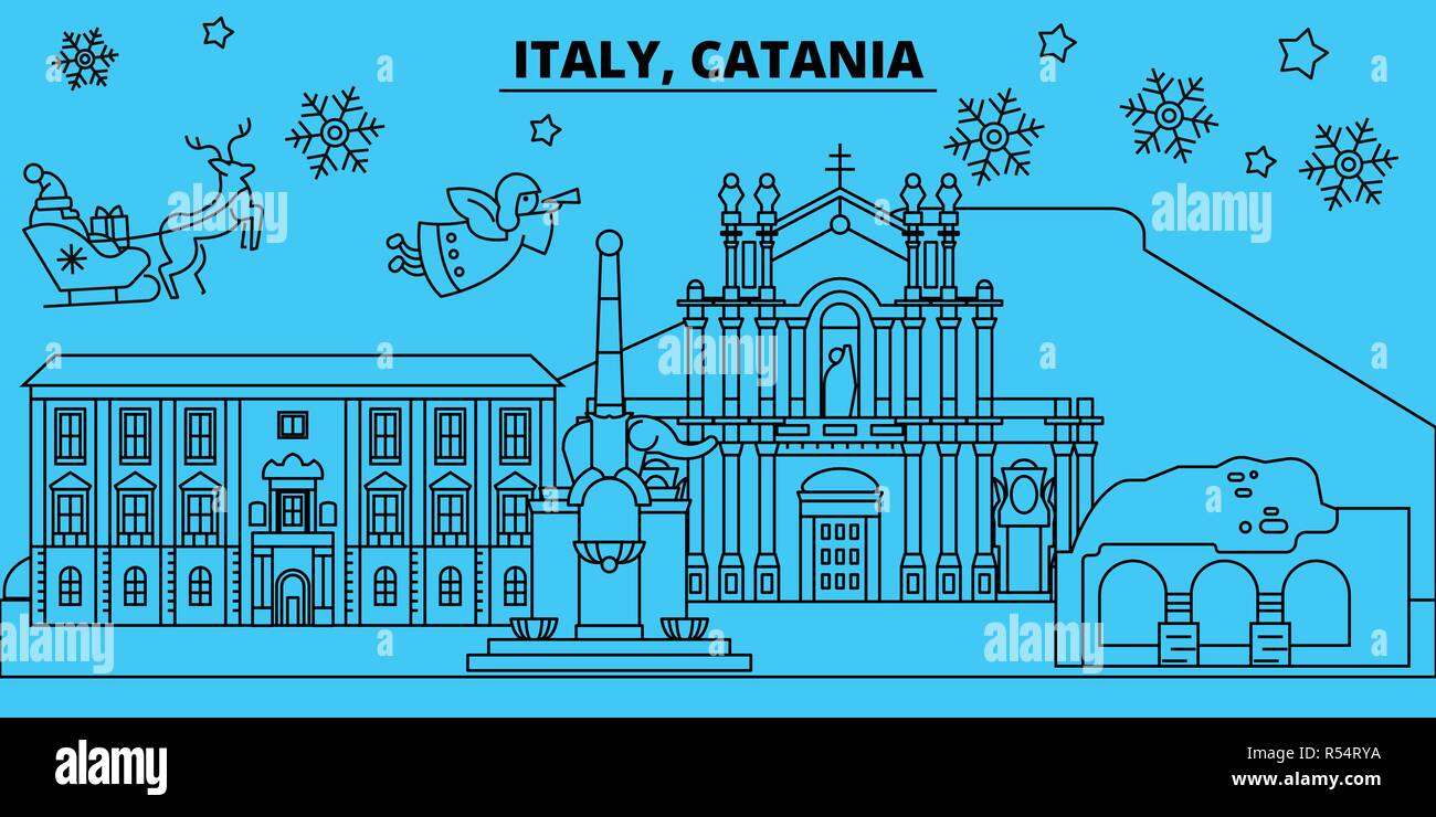 L'Italia, Catania vacanze invernali skyline. Buon Natale e Felice Anno Nuovo banner decorati con Babbo Natale.Italia, Catania lineare città natale vettore illustrazione piatta Illustrazione Vettoriale