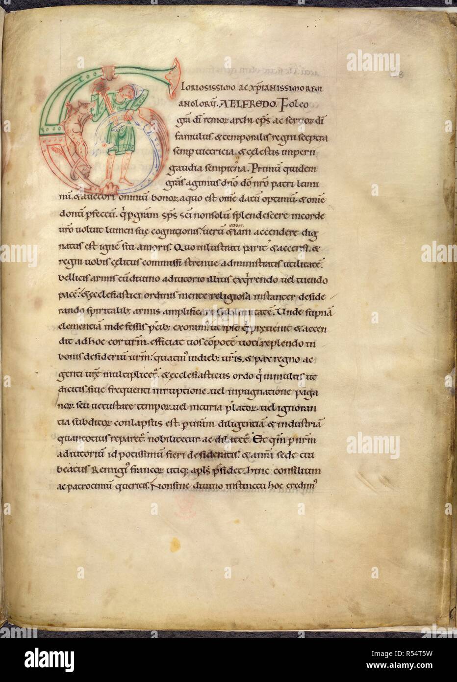 Abitata iniziale 'G'; un uomo spinge una spada in fantastiche creature dal cui corpo 'G' è costruito; un cane accanto a. Vangeli (l 'Grimbald Vangeli'). 1012-1023. Fonte: Aggiungi. 34890, f.158. Lingue: Latina. Foto Stock
