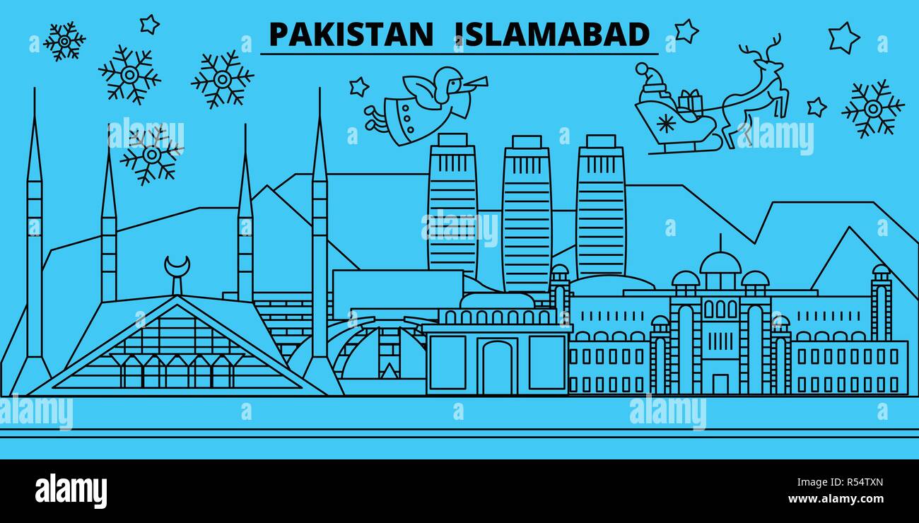 Il Pakistan, Islamabad vacanze invernali skyline. Buon Natale e Felice Anno Nuovo banner decorati con Babbo Natale.Pakistan, Islamabad lineare città natale vettore illustrazione piatta Illustrazione Vettoriale