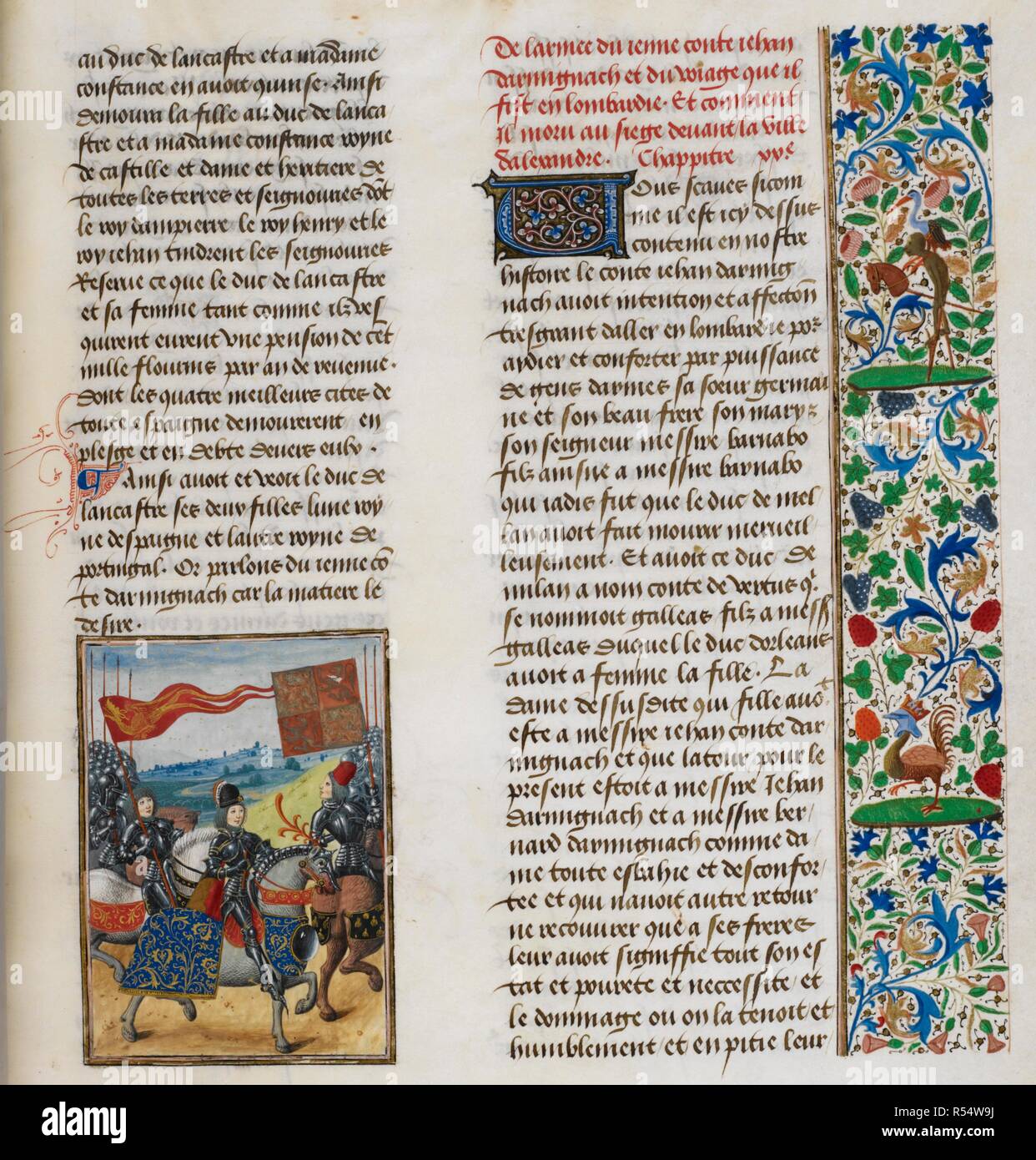 Miniatura mostra la spedizione del conte Jehan d' armagnac in Lombardia in aiuto di Barnato Viscinti. Chroniques, Vol. IV, parte 1 (il "Harley Froissart'). (Froissart di cronache). S. Paesi Bassi [Bruges]; 1470-1475. Fonte: Harley 4379, f.113. Lingua: Francese. Autore: FROISSART, JEAN. Foto Stock