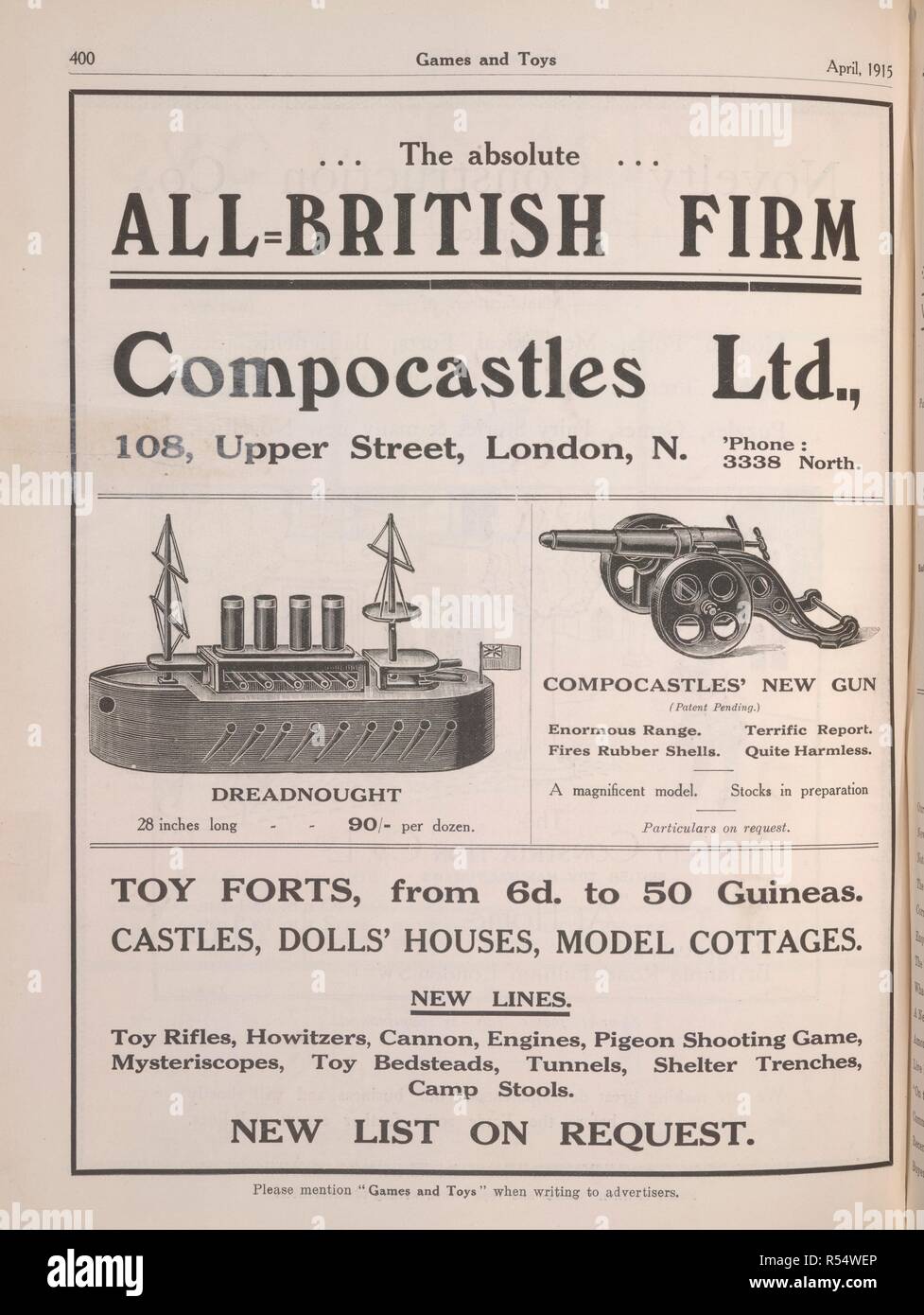 Un annuncio per una società, 'Compocastles Ltd", per la vendita di giocattoli di militari e modelli. Giochi e giocattoli. Londra, aprile 1915. Fonte: Giochi e giocattoli, aprile 1915, pagina 400. Foto Stock