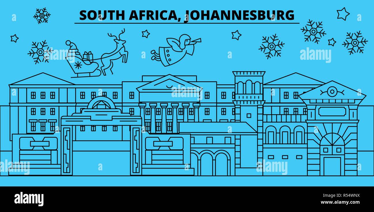 Sud Africa, Johannesburg vacanze invernali skyline. Buon Natale e Felice Anno Nuovo banner decorati con Babbo Natale.vettore Outline.Sud Africa, Johannesburg lineare città natale illustrazione Illustrazione Vettoriale