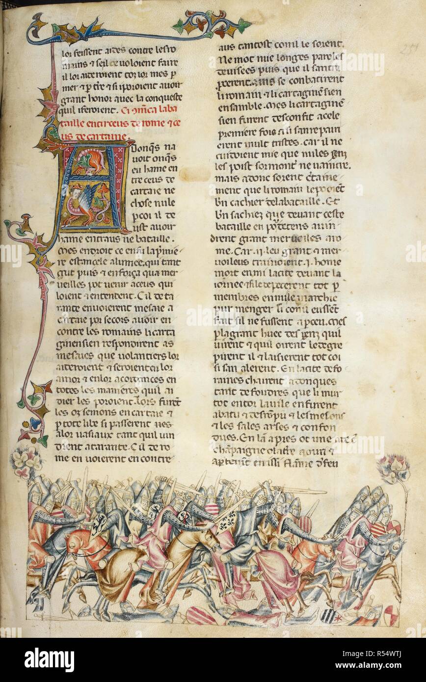 Battaglia tra i Romani e i Cartaginesi. Faits des romani. Italia (Napoli), circa 1340. Fonte: Royal 20 D. I, f.251. Lingua: Francese. Autore: PERRIN REMY. Foto Stock