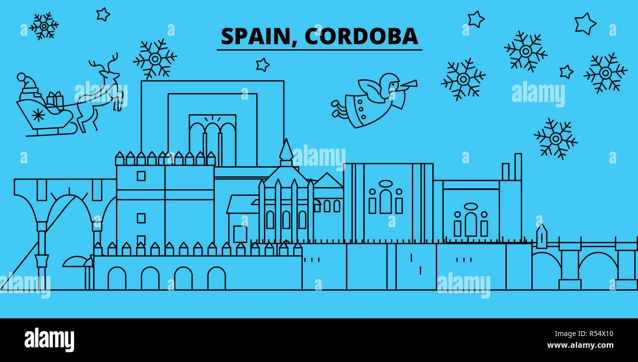 Spagna Cordoba vacanze invernali skyline. Buon Natale e Felice Anno Nuovo banner decorati con Babbo Natale.Spagna Cordoba lineare città natale vettore illustrazione piatta Illustrazione Vettoriale