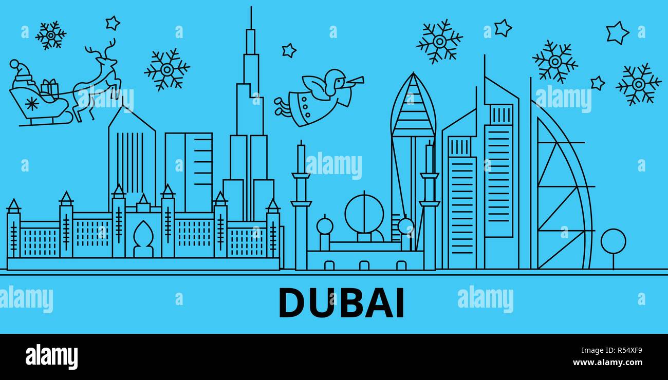 Emirati Arabi Uniti Dubai vacanze invernali skyline. Buon Natale e Felice  Anno Nuovo banner decorati con Babbo Natale.Emirati Arabi Uniti Dubai  lineare città natale vettore illustrazione piatta Immagine e Vettoriale -  Alamy