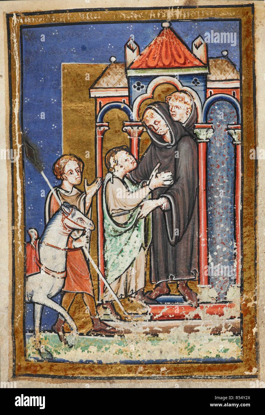 Miniatura del giovane Cuthbert di essere accolto e abbracciato da Boisil quando arrivano a Melrose Abbey, dal capitolo 6 di Beda prosa della vita di St Cuthbert. . La vita in prosa di San Cutberto; estratti della Historia Ecclesiastica (storia della Chiesa inglese e persone). Inghilterra, N. (Durham). Ultimo quarto del XII secolo. Fonte: Yates Thompson 26 f.16. Lingue: Latina. Foto Stock