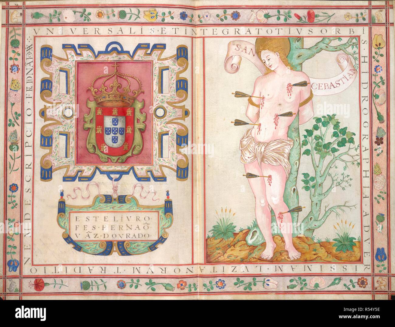 Pagina del titolo Universalis Orbis Hydrographia. Il Portogallo; 1573. [Intera apertura] Titolo pagina. Il royal bracci del Portogallo; e rappresentazione di San Sebastian, un complimento a Sebastian, re di Portogallo immagine presa da Universalis Orbis Hydrographia. Originariamente pubblicato/prodotto in Portogallo; 1573. . Fonte: Aggiungi. 31317, ff.1v-2. Lingua: Portoghese. Foto Stock