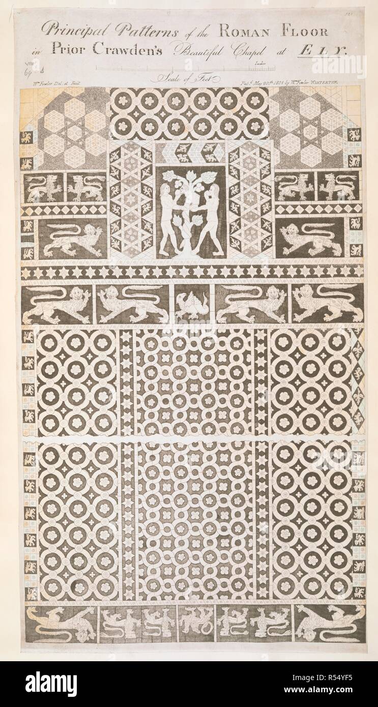 Una vista del XIV secolo mosaico di piastrelle da pavimentazione prima Crauden's Chapel; Adamo ed Eva al centro; Lions su entrambi i lati e in seguito; un design foliated attraverso l'immagine. Motivi principali del pavimento romano in prima Crawden la bellissima cappella a Ely. [Winterton, Lincolnshire] : Pubd 20 Maggio 1801 da Wm. Fowler WINTERTON., [20 maggio 1801]. Incisione e la puntasecca con mano-colorazione. Fonte: Mappe K.Top.8.69.s.1. Lingua: Inglese. Foto Stock
