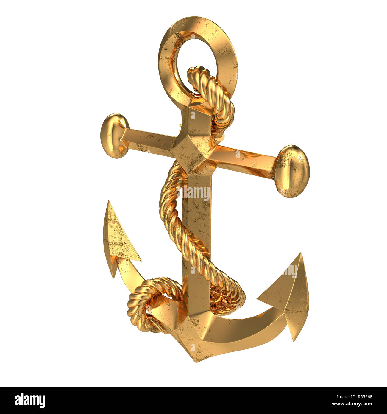 Golden Sea Anchor isolato su un fondo bianco. 3d illustrazione Foto Stock