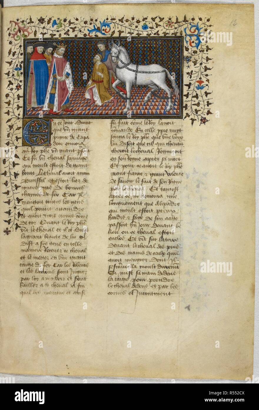 Miniatura di Alexander e Aristotele, e Bucephalus essendo portato da due assistenti. Historia de proelis in una traduzione in francese (Le Livre et le vraye hystoire du bon roy Alixandre). Francia, Centrale (Parigi); c.1420. Fonte: Royal 20 B. XX, f.12. Lingua: Francese. Foto Stock