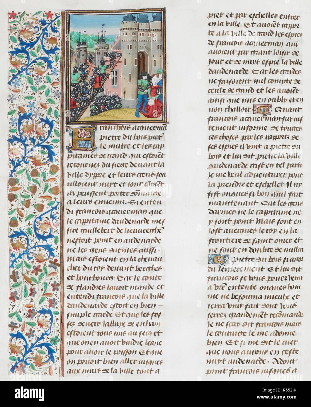 La cattura di Oudenarde da FranÃ§ois Ackerman. . Jean Froissart, Chroniques , vol. 2. (Froissart di cronache). Paesi Bassi, S. ultimo quarto del XV secolo, prima del 1483. Fonte: Royal 18 E. I f.300v. Foto Stock