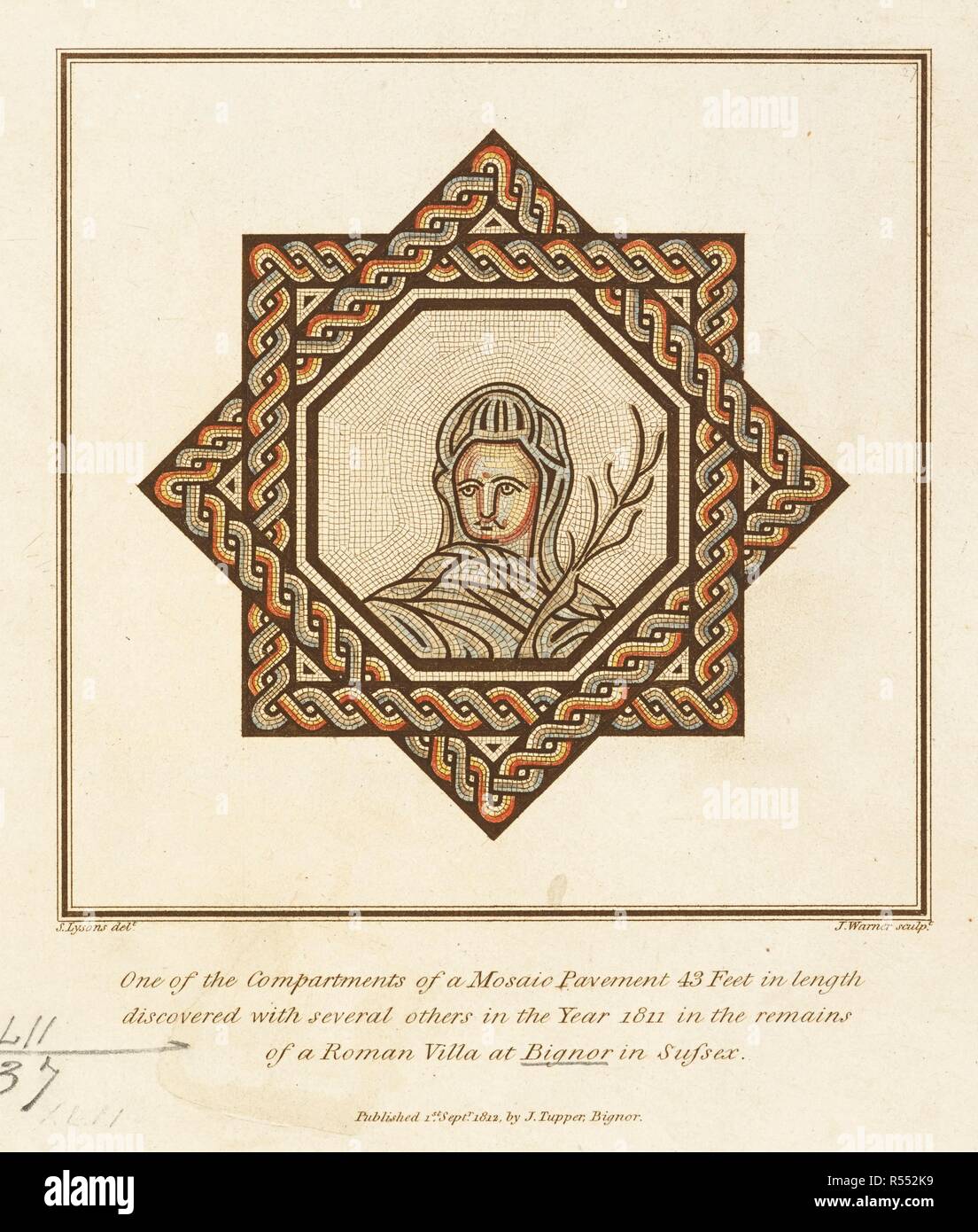 Un mosaico romano la sezione di pavimento nella forma di una stella; una figura tenendo un ramo al suo centro . Uno degli scomparti di un pavimento in mosaico 43 piedi di lunghezza scoperto con parecchi altri nell'anno 1811 nei resti di una villa romana di Bignor nel Sussex. [Bignor] : pubblicata il 1° Septr 1812 DA J. Tupper, Bignor., [1 Settembre 1812]. Fonte: Mappe K.Top.42,37. Lingua: Inglese. Autore: Lysons, Samuele. Foto Stock