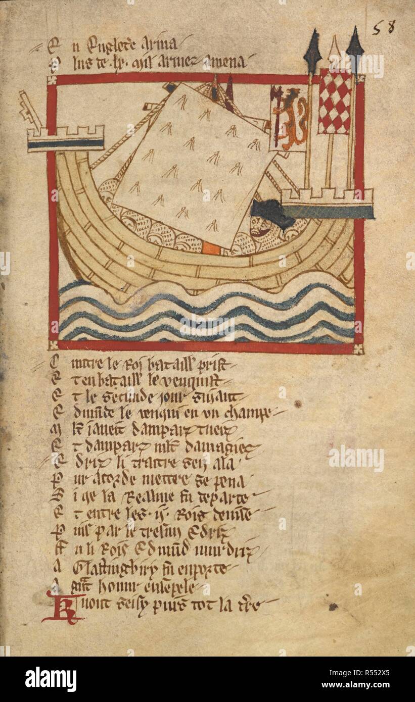 Nave di Re Cnut. Romanzi in francese versetto ... Inghilterra; metà del XIV secolo. (Intero folio) la nave del re Cnut. Immagine presa dal versetto Cronaca di 'Roman de Brut" [una semplificazione]. Originariamente pubblicato/prodotto in Inghilterra; metà del XIV secolo. . Fonte: Egerton 3028, f.58. Lingua: Francese. Autore: Wace, Canon di Bayeux. Foto Stock
