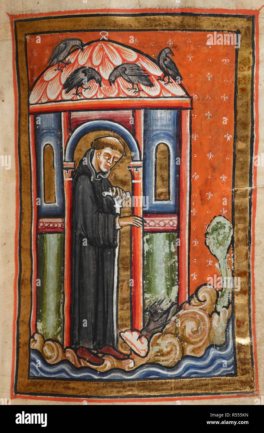 Miniatura di una cornacchia portando lardo da Cuthbert, in espiazione per i corvi che trasportano paglia fuori dalla casa dei suoi fratelli, dal capitolo 14 di Beda prosa della vita di St Cuthbert. . La vita in prosa di San Cutberto; estratti della Historia Ecclesiastica (storia della Chiesa inglese e persone). Inghilterra, N. (Durham). Ultimo quarto del XII secolo. Fonte: Yates Thompson 26 f.44. Lingue: Latina. Foto Stock