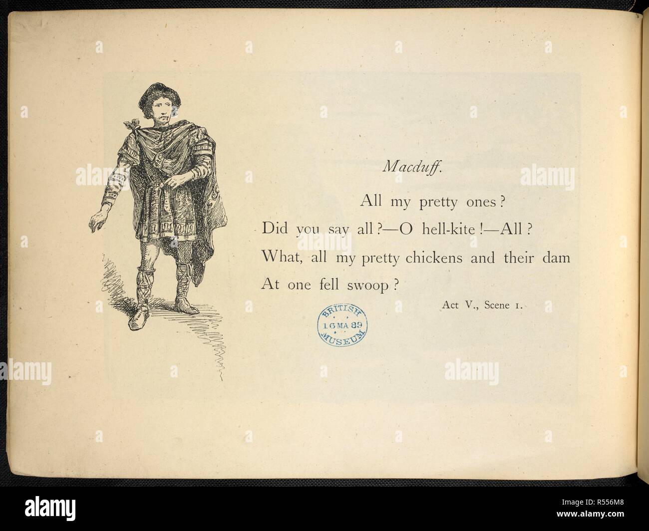 Atto V scena I: "Tutti i miei carine?- Hai dire tutti? O inferno-kite!- tutti? Che cosa, tutti i miei piuttosto i polli e i loro dam. In un sol colpo?". Illustrazione di una figura maschile. Souvenir di Macbeth, prodotta al Lyceum Theatre, da Henry Irving, 29 dicembre, 1888. Londra : Cassell & Co., [1889]. Fonte: 11766.f.27, la piastra 18. Lingua: Inglese. Autore: Shakespeare, William. Foto Stock