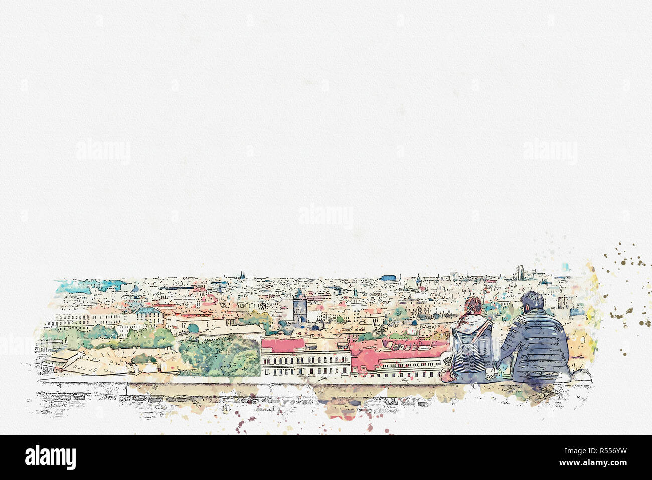 Un disegno ad acquerello o un'immagine. Coppia giovane in amore o gli amici sono seduti e ammirando la splendida architettura di Praga. Foto Stock