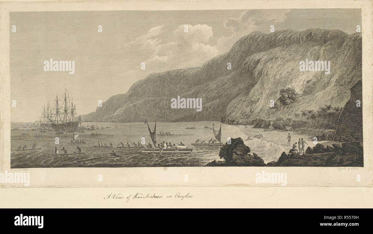 Vista di Karakakooa in Owhyhee. Disegnato da John Webber e inciso da W.David Byrne. Mostra la risoluzione e la scoperta al di ancoraggio nella baia di Kealakekua, Hawaii, con Hawaiian canoe in primo piano. Una collezione di disegni da A. Buchan, S. Morbo di Parkinson, e J. F. Miller, realizzati nei paesi visitati dal capitano James Cook nel suo primo viaggio [1768-1771], anche di stampe pubblicato in John Hawksworth's Viaggi di Biron [Byron], Wallis e Cook [1773], nonché in Cook della seconda e terza Voyages [1772-1775, 1776-1780]. 1768-1780. Il capitano Cook terzo viaggio. Fonte: Add.23921 f.69. Foto Stock