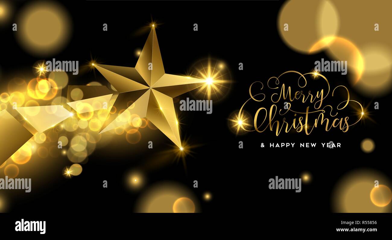 Buon Natale luxury golden greeting card illustrazione, star ornamento d'oro massiccio in 3d di stile. Illustrazione Vettoriale