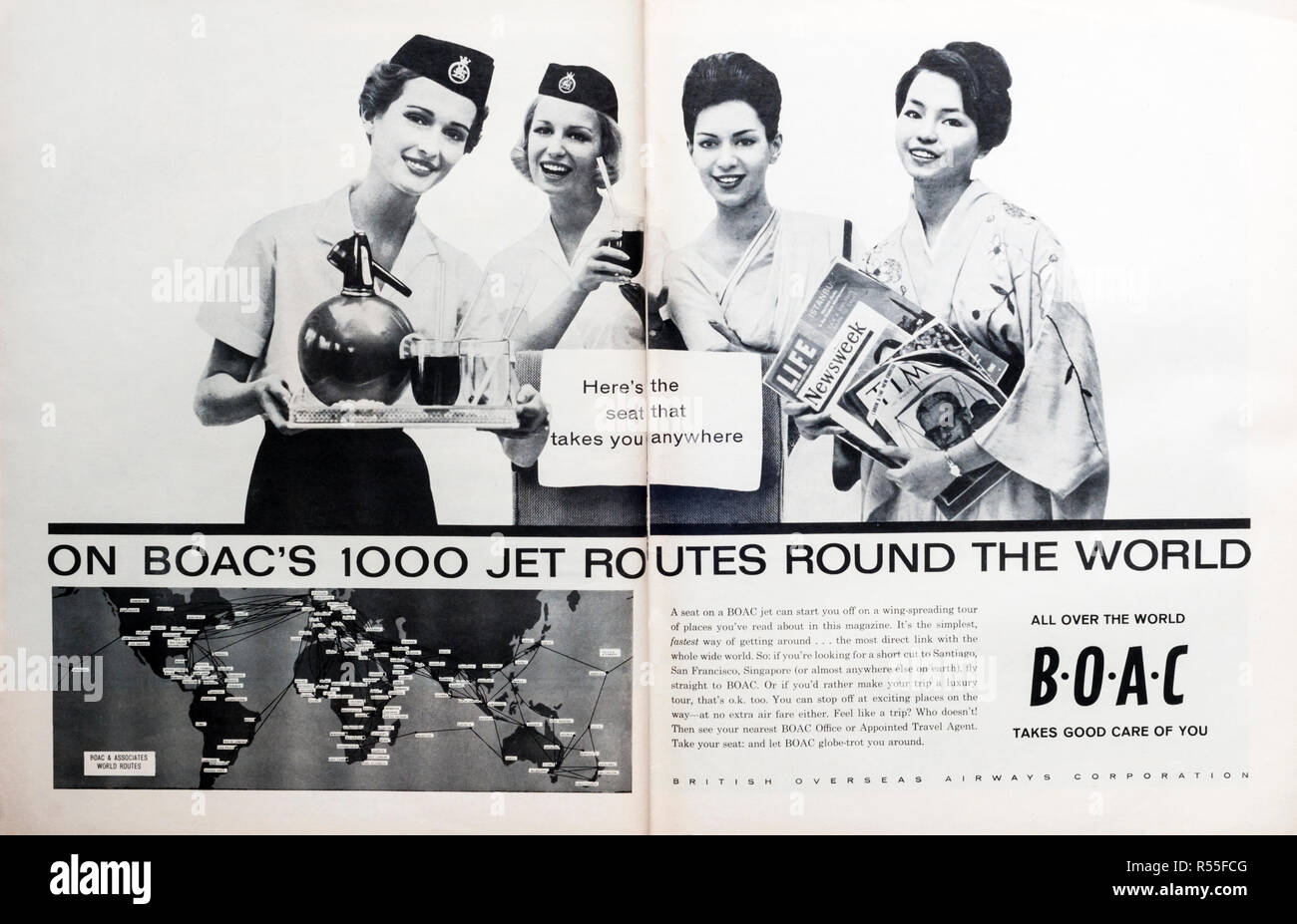 Anni sessanta pagina doppia annuncio rivista per BOAC. Foto Stock