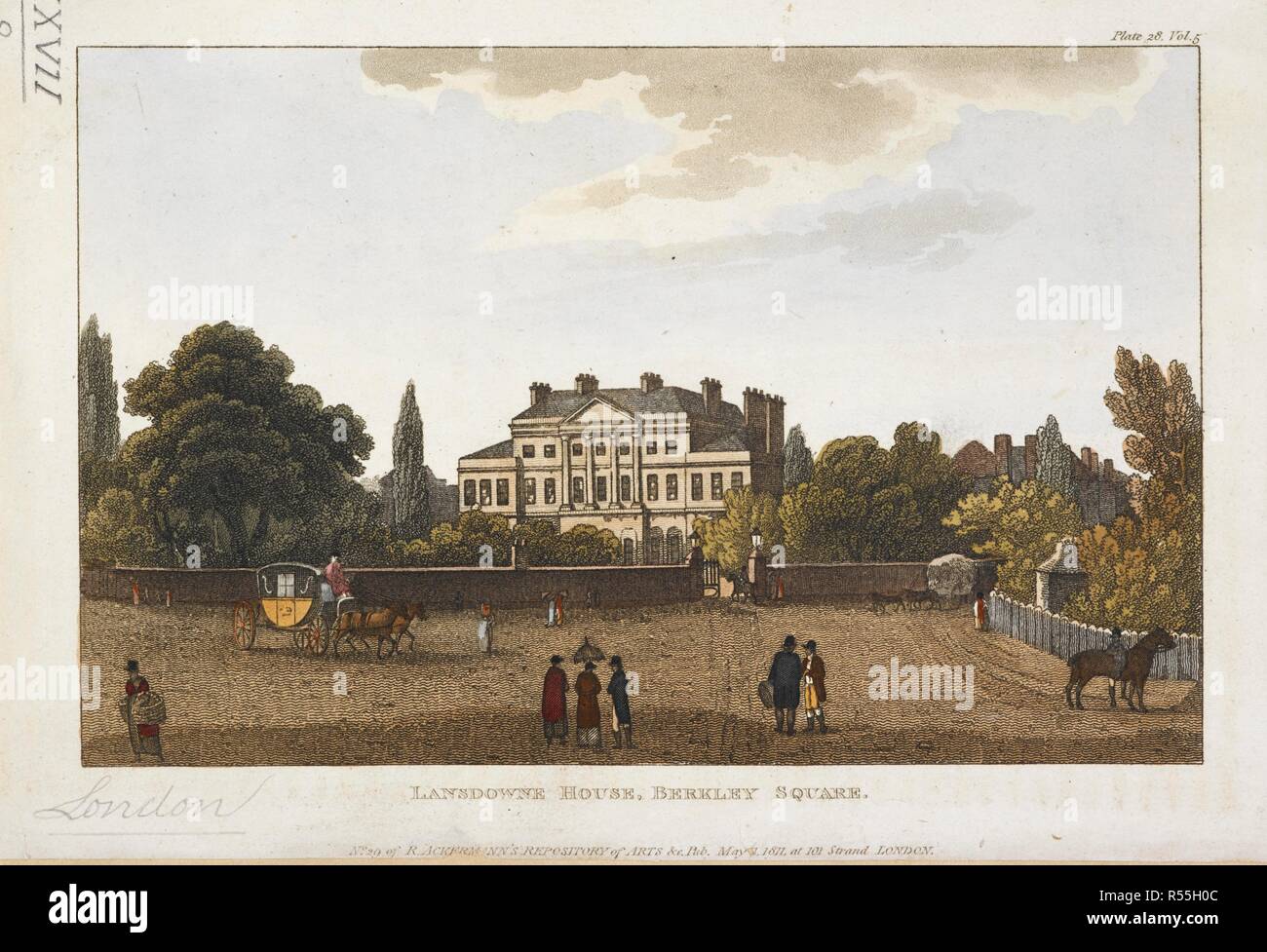 Â€˜Vista di Lansdowne House, Berkeley Square, pubblicato da Ackermann, 1811.â€™ la facciata della casa di Lansdowne in Berkeley Square; un cavallo e carrozza e figure in strada. Â€˜Vista di Lansdowne House, Berkeley Square, pubblicato da Ackermann, 1811.â€™. [Londra] : No29 di ACKERMANN'S repository delle arti & Pub 1 maggio 1811 a 101, Strand, Londra. Fonte: maps.K.Top.27.8. Foto Stock