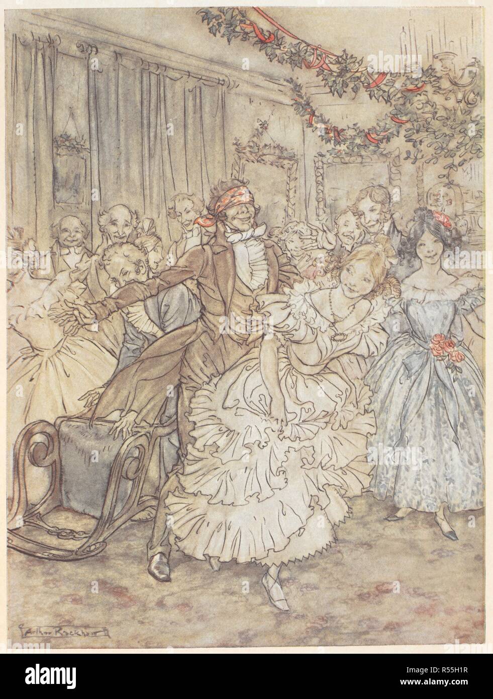 A parte la riproduzione cieco's bluff. Un uomo che indossa una tenda-piega insegue una ragazza in un abito frilly. Un canto di Natale ... Illustrato da Arthur Rackham. Londra; J. B. Lippincott Co. Philadelphia : Wiiliam Heinemann, 1915. "Il modo in cui egli è andato dopo che plump sorella in pizzo tucker!". Fonte: 012622.g.37. Di fronte alla pagina 100. Autore: RACKHAM, Arthur. DICKENS, Charles. Foto Stock
