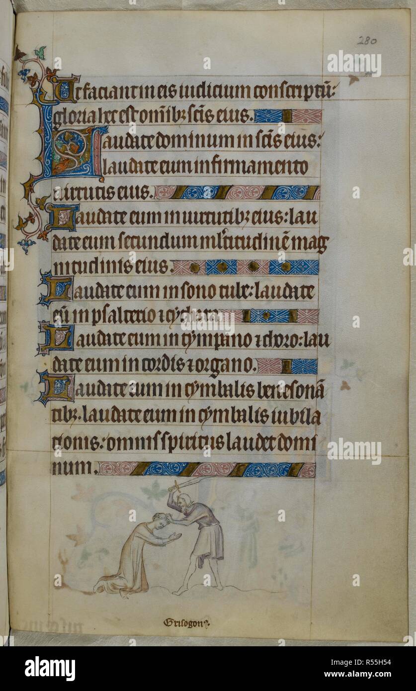 Bas-de-page scena di Crisogono di essere decapitato da un uomo con una spada sollevata; un decorato iniziale 'L'(audate). Salterio ("La regina Maria Salterio'). Inghilterra (Londra/Westminster o East Anglia?); tra il 1310 e il 1320. Fonte: Royal 2 B. VII, f.280. Lingue: latina, francese con le didascalie delle immagini. Foto Stock