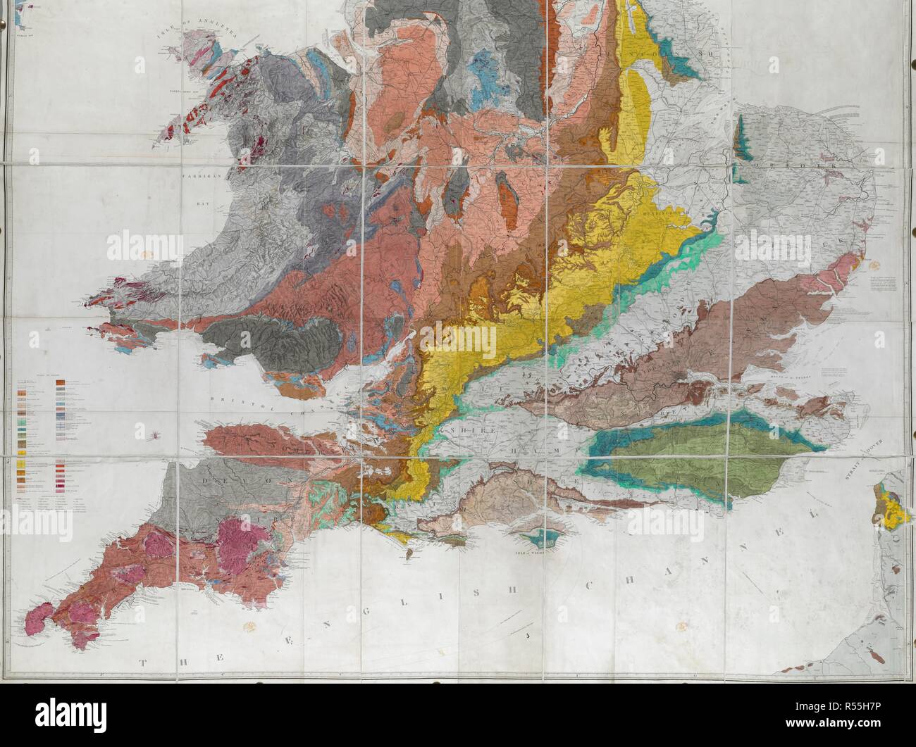 La metà inferiore della mappa geologica di Inghilterra e Galles. Un fisico e mappa geologica di Inghilterra e Galles. A cura di G.B. Greenough ... (Sulla base della mappa originale da W. Smith, 1815). Rivisto e migliorato sotto la sovrintendenza di un comitato della Geological Society di Londra. Londra : Geological Society, 1865. Vedere il file G70106-50 per metà superiore. Fonte: maps.1180.(17) la metà inferiore. Foto Stock