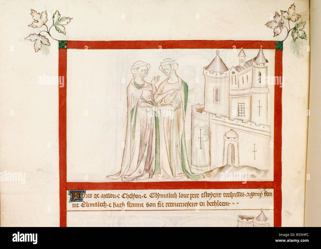 Miniatura di Naomi e Ruth tornando a Betlemme. La Queen Mary Salterio. 1310-1320. Fonte: Royal 2 B. VII, f.47v. Lingue: Latina. Foto Stock