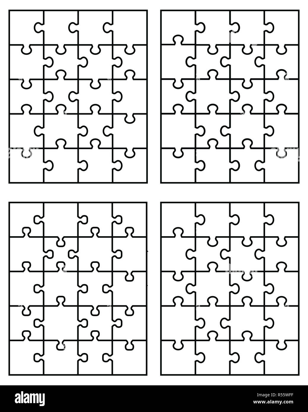 Illustrazione di vettore di quattro diversi puzzle bianco, pezzi separati Foto Stock