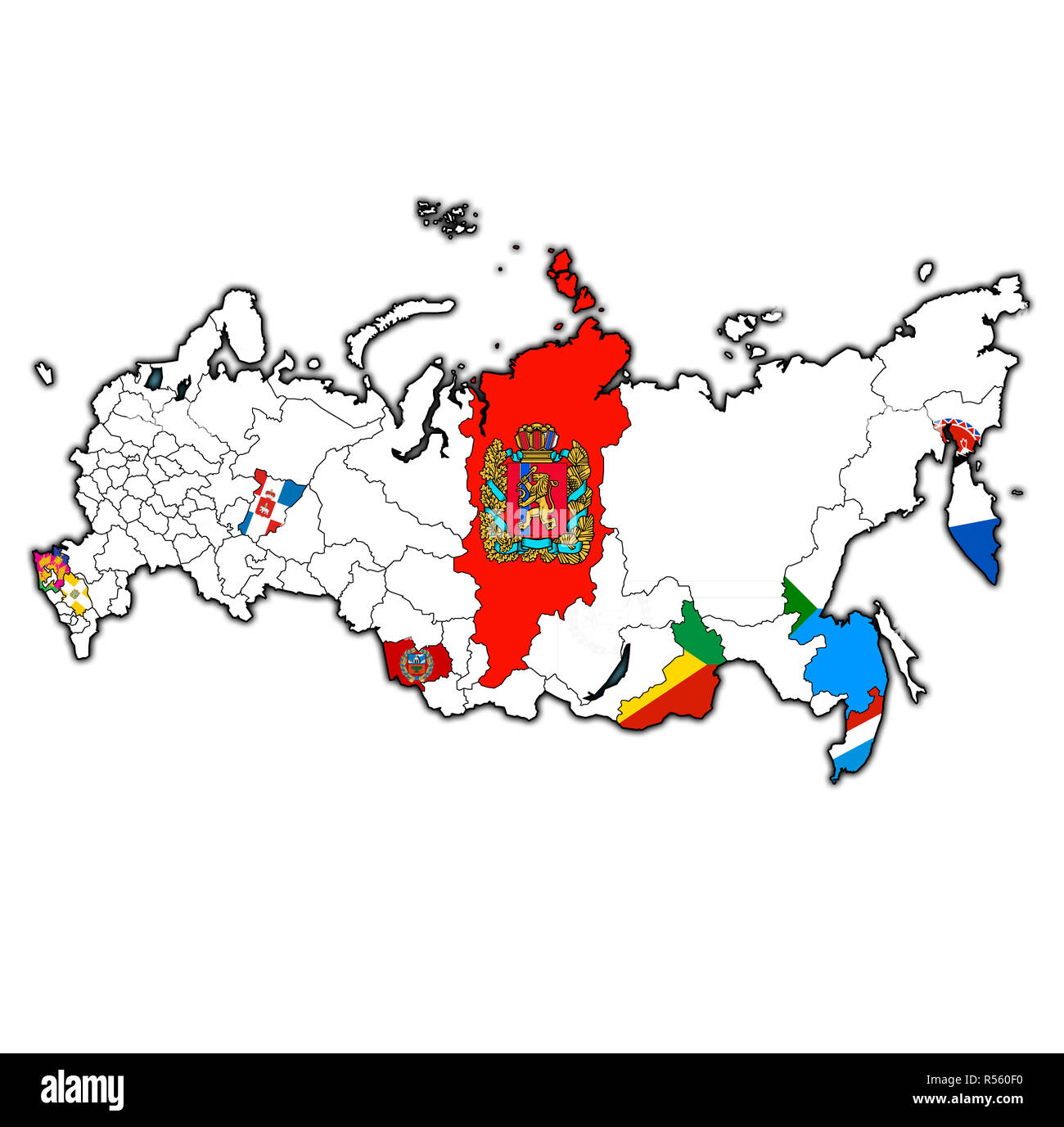 Emblemi krais sulla mappa con le divisioni amministrative e i confini della Russia Foto Stock