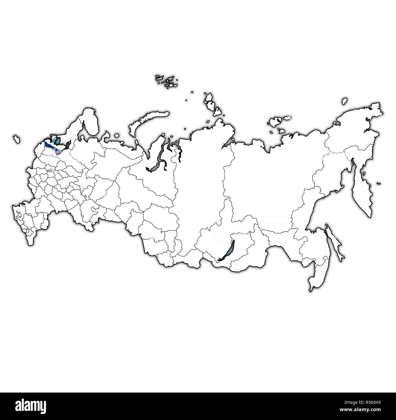 Emblema di oblast di Leningrado sulla mappa con le divisioni amministrative e i confini della Russia Foto Stock