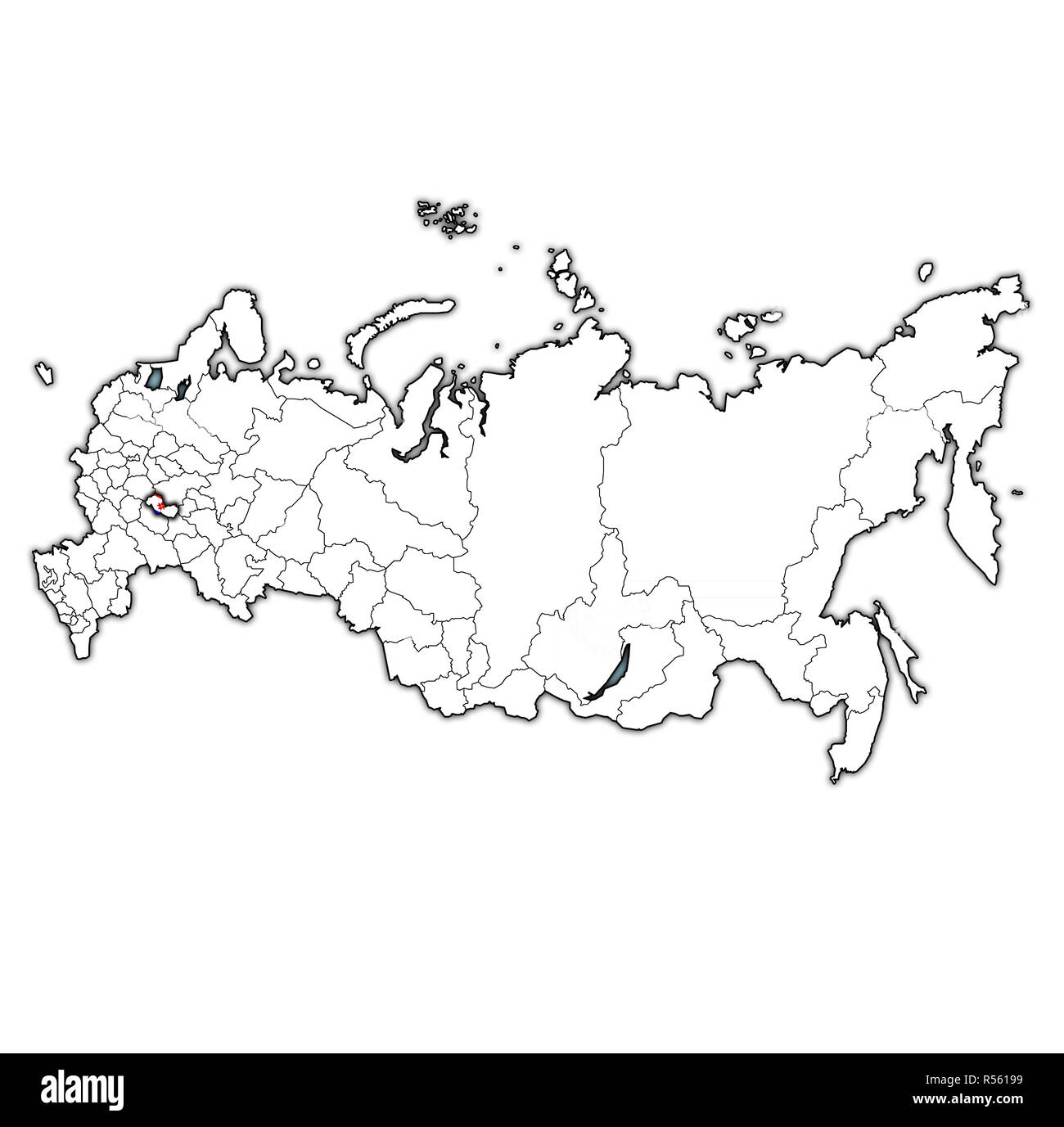 Emblema della repubblica mordovia sulla mappa con le divisioni amministrative e i confini della Russia Foto Stock