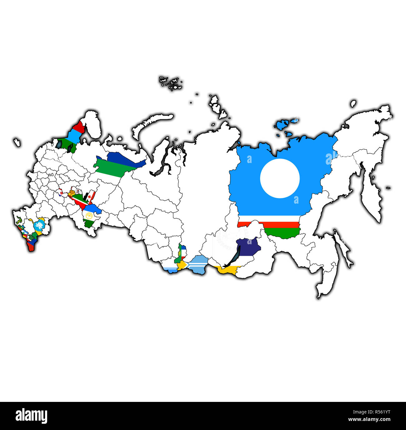 Emblemi repubbliche sulla mappa con le divisioni amministrative e i confini della Russia Foto Stock