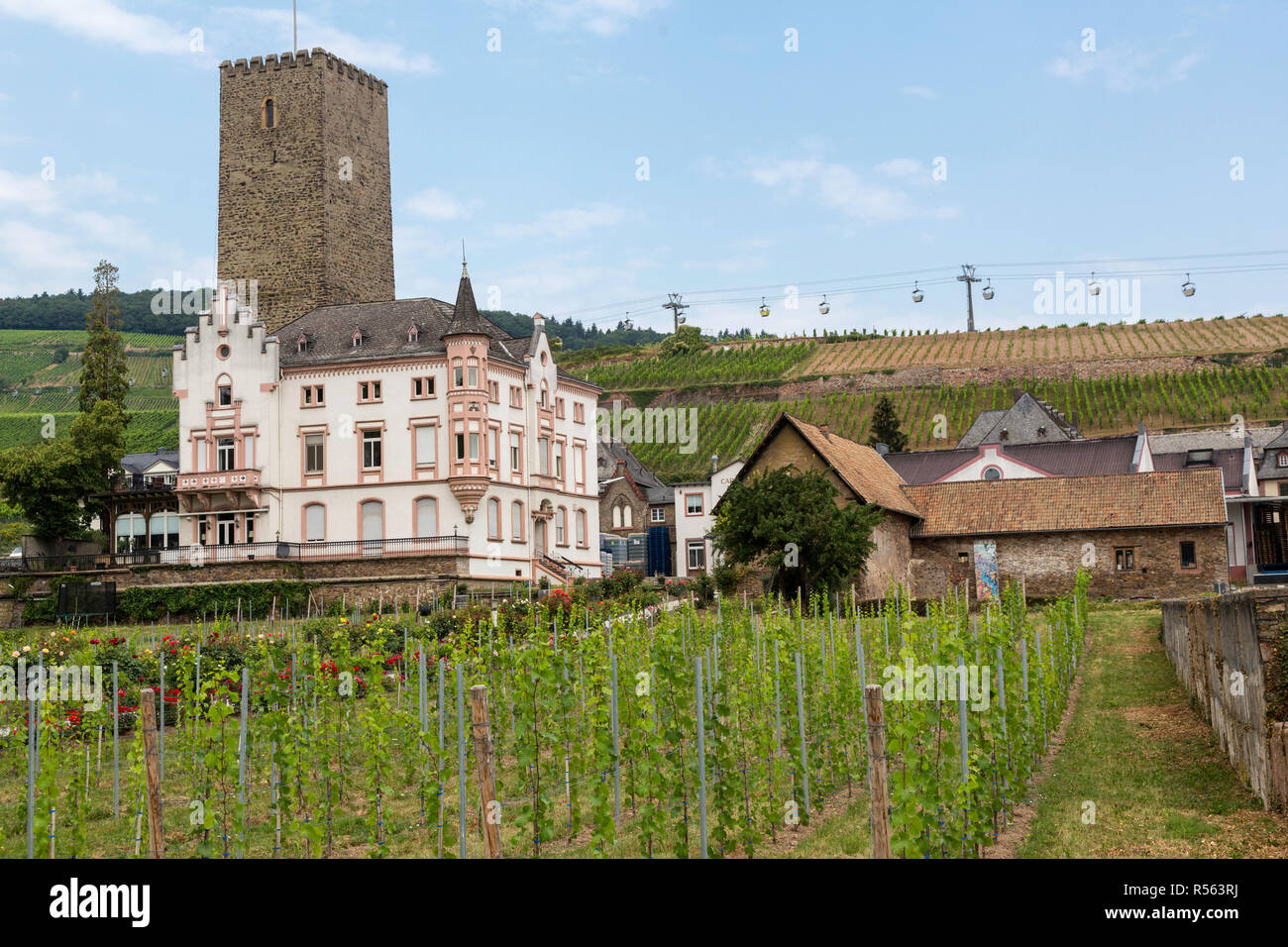 Rudesheim, Hesse, Germania. Boosenburg Castello. Torre del XII secolo e la metà del XIX secolo in stile neo-gotico del residence. Foto Stock