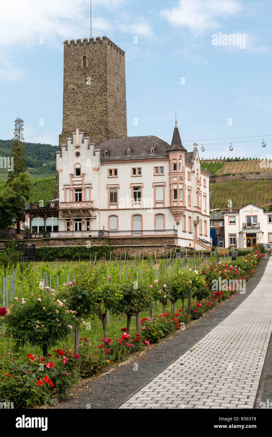 Rudesheim, Hesse, Germania. Boosenburg Castello. Torre del XII secolo e la metà del XIX secolo in stile neo-gotico del residence. Foto Stock