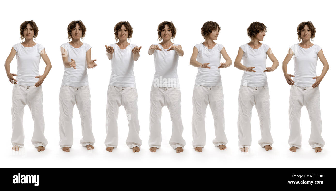 Ba duan jin il quarto esercizio quattro degli otto pezzi di brocade Chigong Quigong, Immagine 4/8 "Gufo Sapiente guardare indietro ' Foto Stock