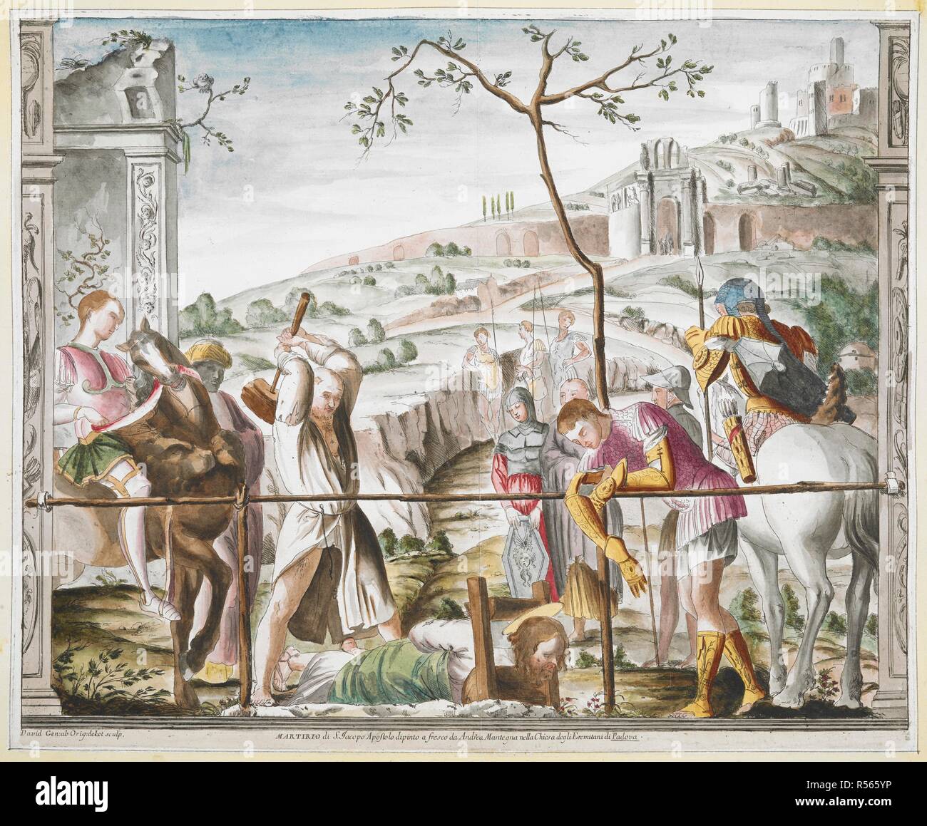 Il boia si prepara a decapitare Saint James guardato da un gruppo di ...