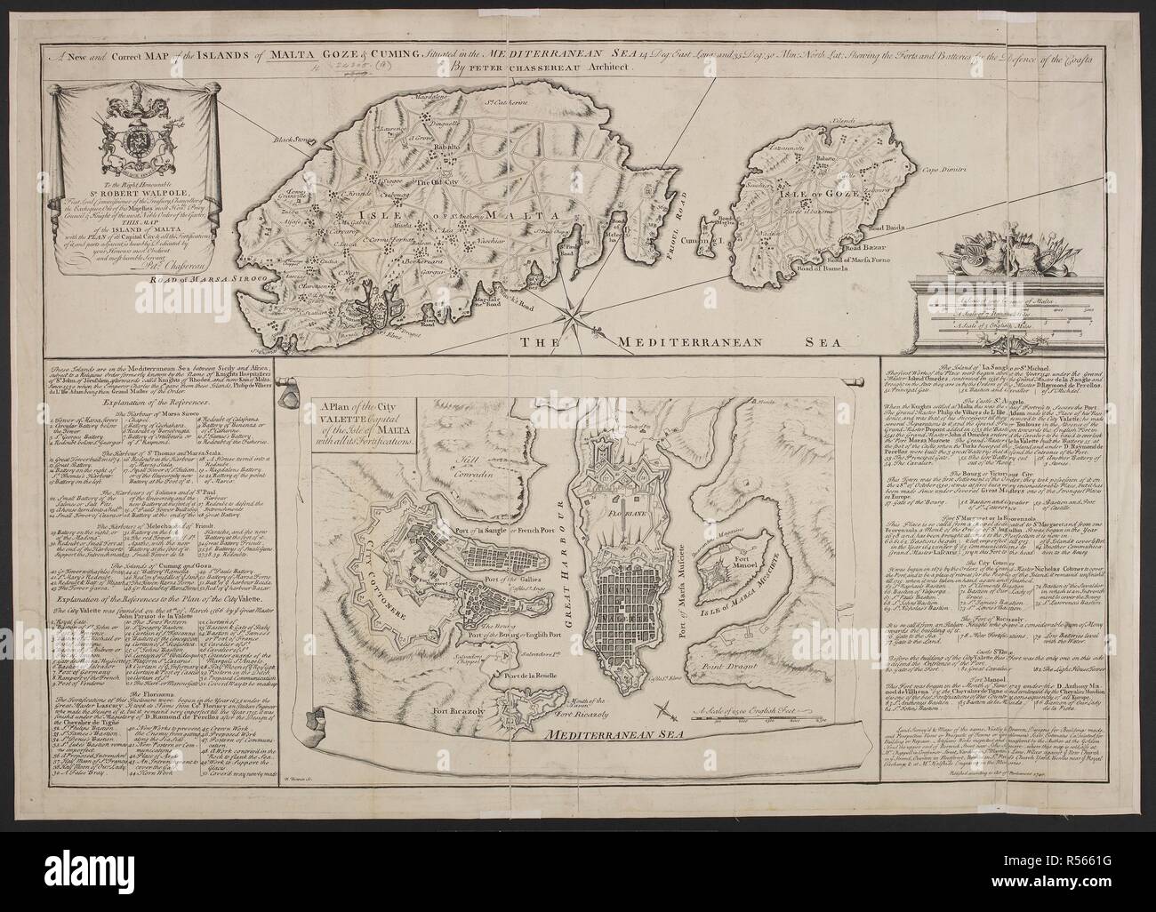 Un nuovo e corretto mappa delle isole di Malta, Goze e Cuming . 1740. Fonte: Mappe*24305.(18). Foto Stock