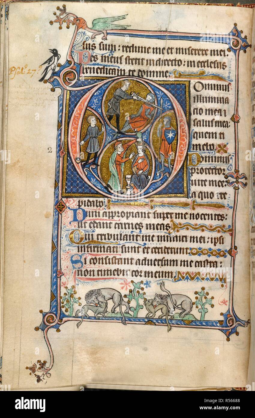 Prima 'D'; David. Percy Salterio. Inghilterra [Diocesi di York]; circa 1280-1290. (Intero folio) Salterio. Il Salmo 26. Prima 'D', con tre scene di Davide. David sfidando Golia; David che uccide Golia; unzione di Davide. Line fillers e frontiere. Margine inferiore; lions leccare i loro cuccioli immagine presa da Percy Salterio. Originariamente pubblicato/prodotto in Inghilterra [Diocesi di York]; circa 1280-1290. . Fonte: Aggiungi. 70000, f.39v. Lingue: Latina. Foto Stock