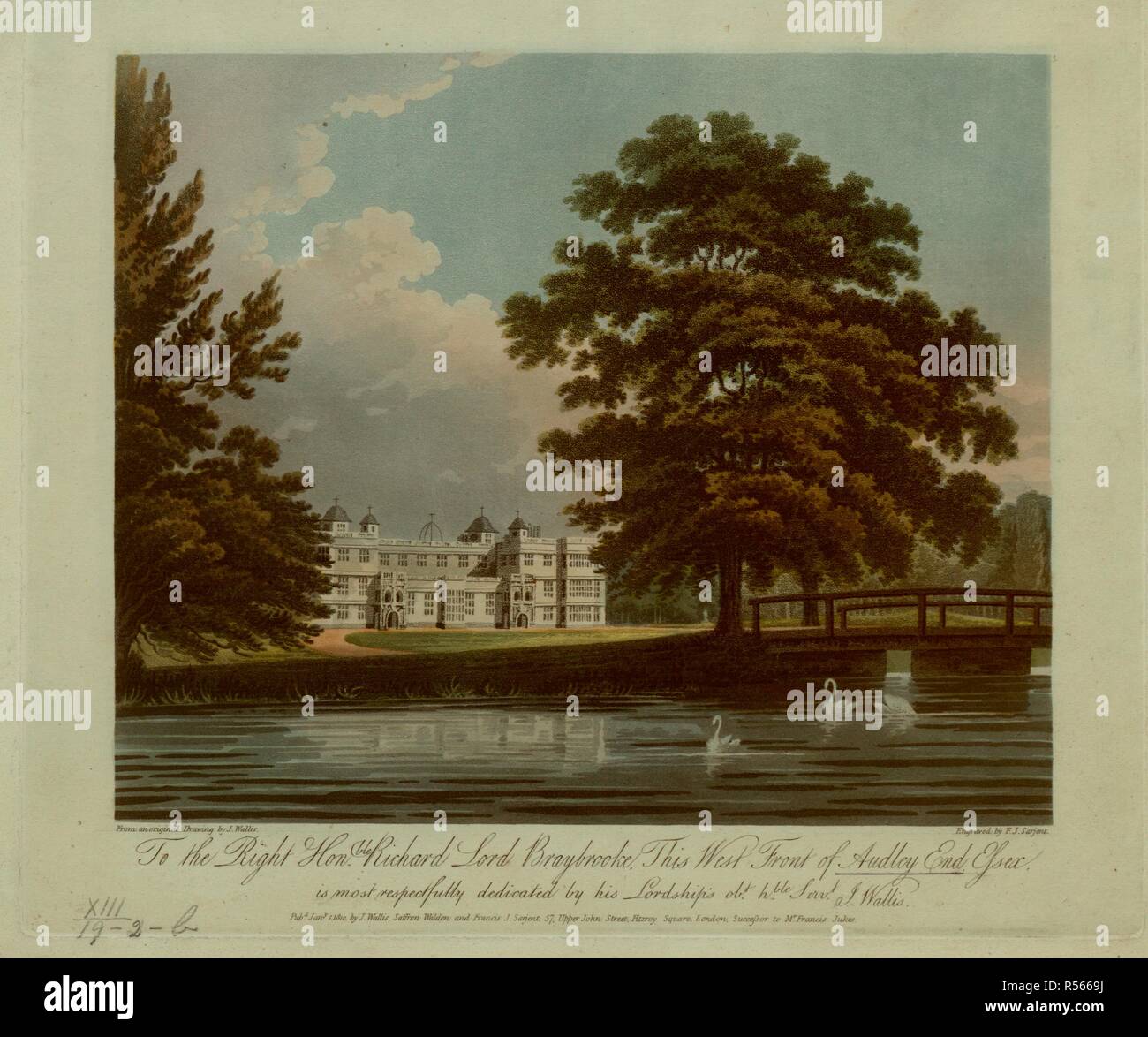 Cigni su un fiume in primo piano; un ponte a destra; gli alberi nella terra di mezzo; Audley End House set tra gli alberi. A destra Honble Richard Signore Braybrooke, questo fronte ovest di Audley End Essex : è più rispettosamente dedicato dalla sua signoria di otte hble Servt J. Wallis. [Saffron Walden] : Pubd Jany 1 1810 DA J. Wallis, Saffron Walden ; [Londra] : & Francis J. Sarjent 57 superiore di John Street Fitzroy Square Londra successore del signor Francesco Jukes., [1 gennaio 1810]. Fonte: Mappe K.Top.13.19.2.b. Lingua: Inglese. Foto Stock