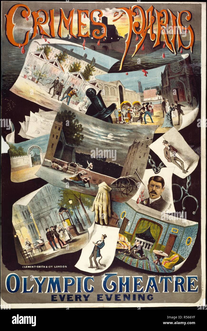 Teatro Olimpico, Strand. "Delitti di Parigi', c. 1883. Poster con varie scene del crimine e mistero. . Una collezione di opuscoli da locandine e stampati vari in materia di intrattenimento in stile vittoriano e la vita di tutti i giorni. Clement-Smith & C.o.y Londra, 1883. Teatro - Inghilterra - Londra; dramma storico. I crimini di Parigi', da Paolo Meritt e George conquista, aperto presso il Teatro Olimpico il 24 dicembre, 1883 che è stato già messo in scena al Teatro del Surrey il 22 ottobre 1883. Fonte: Evan.237. Autore: Evanion, Henry. Foto Stock