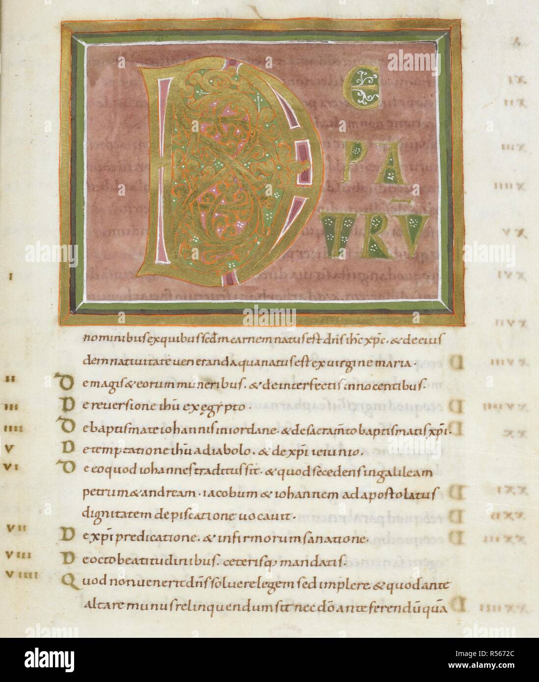 Decorate iniziale di 'D'(e patru[m]) con motivi foliate. Vangeli, con Canon tabelle, elenchi di capitoli e lections. Germania, W. (Echternach) (ora Lussemburgo); terzo trimestre del XI secolo. Fonte: Harley 2821, f.19. Lingue: Latina. Foto Stock