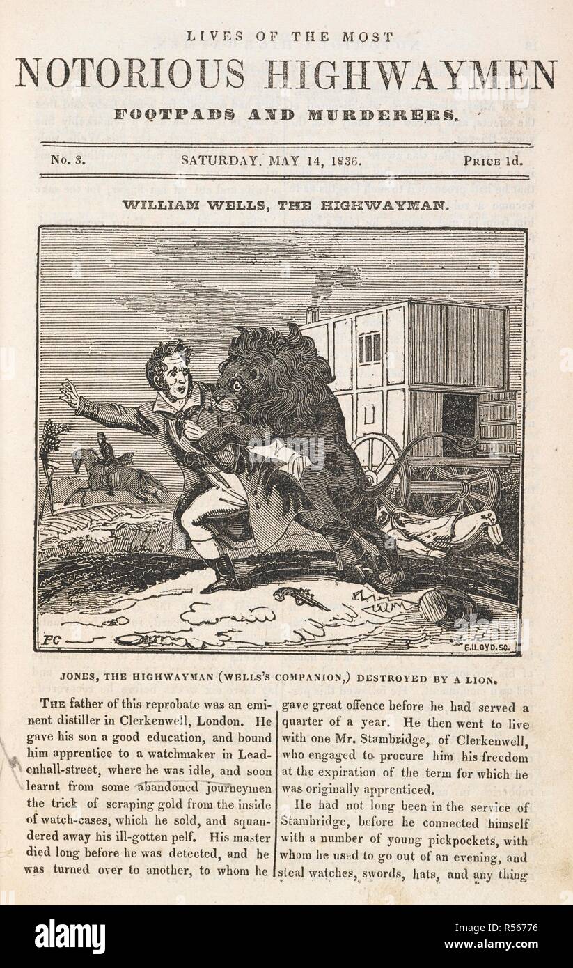 William Wells, the highwayman. Vita dei più famigerati banditi footpads e assassini. Londra : pubblicato da E. Lloyd, 44, Wych Street, Strand ; [Manchester] : Heywood, Manchester ; [Liverpool] : Smith, Liverpool ; [Portsea] : Bonney, Portsea ... , [1836-1837]. Fonte: C.140.b.58 pagina 17. Autore: Prest, Thomas Peckett. Foto Stock