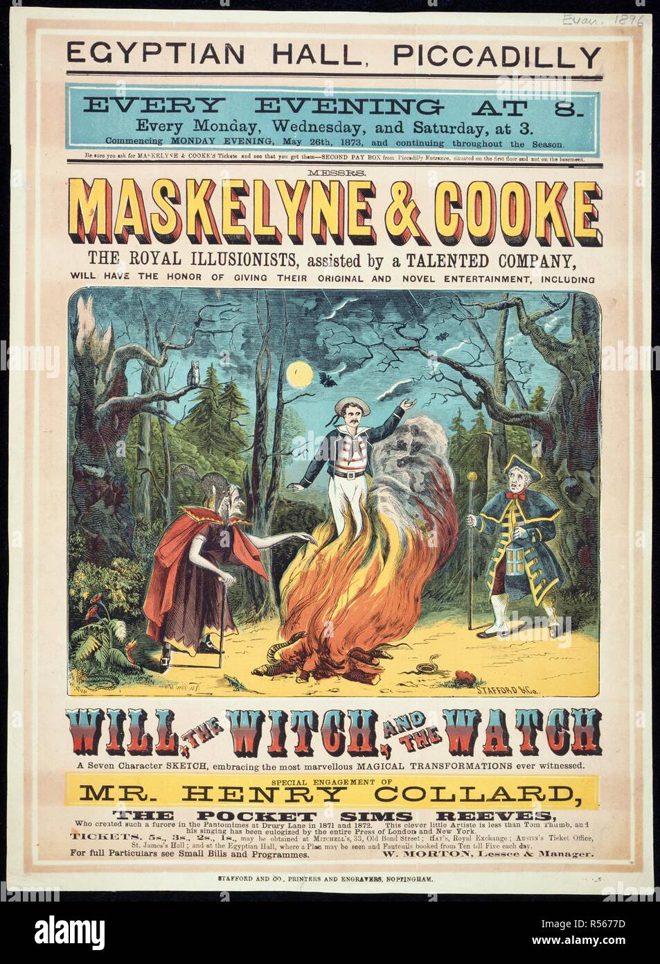 Maskelyne & Cooke dell'intrattenimento. Una collezione di opuscoli da locandine, e la miscella. Nottingham, 1873. Sala Egizia, Piccadilly. I sigg. Maskelyne & Cooke il Royal prestigio, assistito da una compagnia di talento, avrà l'onore [sic] di dare il loro originale e nuovo intrattenimento, compreso, la strega e l'orologio a sette caratteri sketch, abbracciando il più meraviglioso trasformazioni magico mai assistito. Con una centrale di illustrazione di una delle scene di trasformazione dalla volontà, la strega e l'orologio. 48 cm. Immagine presa da una raccolta di opuscoli da locandine e misce Foto Stock