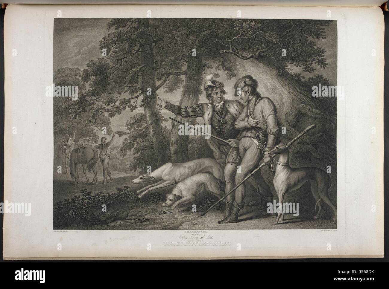 La terza parte del re Enrico VI ATTO IV Scena V- un parco vicino a Middleham Castle nello Yorkshire. Il re Edoardo e cacciatori; Gloster, Hastings e Sir William Stanley in distanza. Una raccolta di stampe da immagini dipinte per lo scopo di illustrare le opere drammatiche di Shakspeare, dagli artisti di Gran Bretagna. Londra : J. & J. Boydell, 1803. Fonte: Tab.599.c vol. II, piastra XX. Lingua: Inglese. Autore: Shakespeare, William. Leney, William Satchwell. Foto Stock