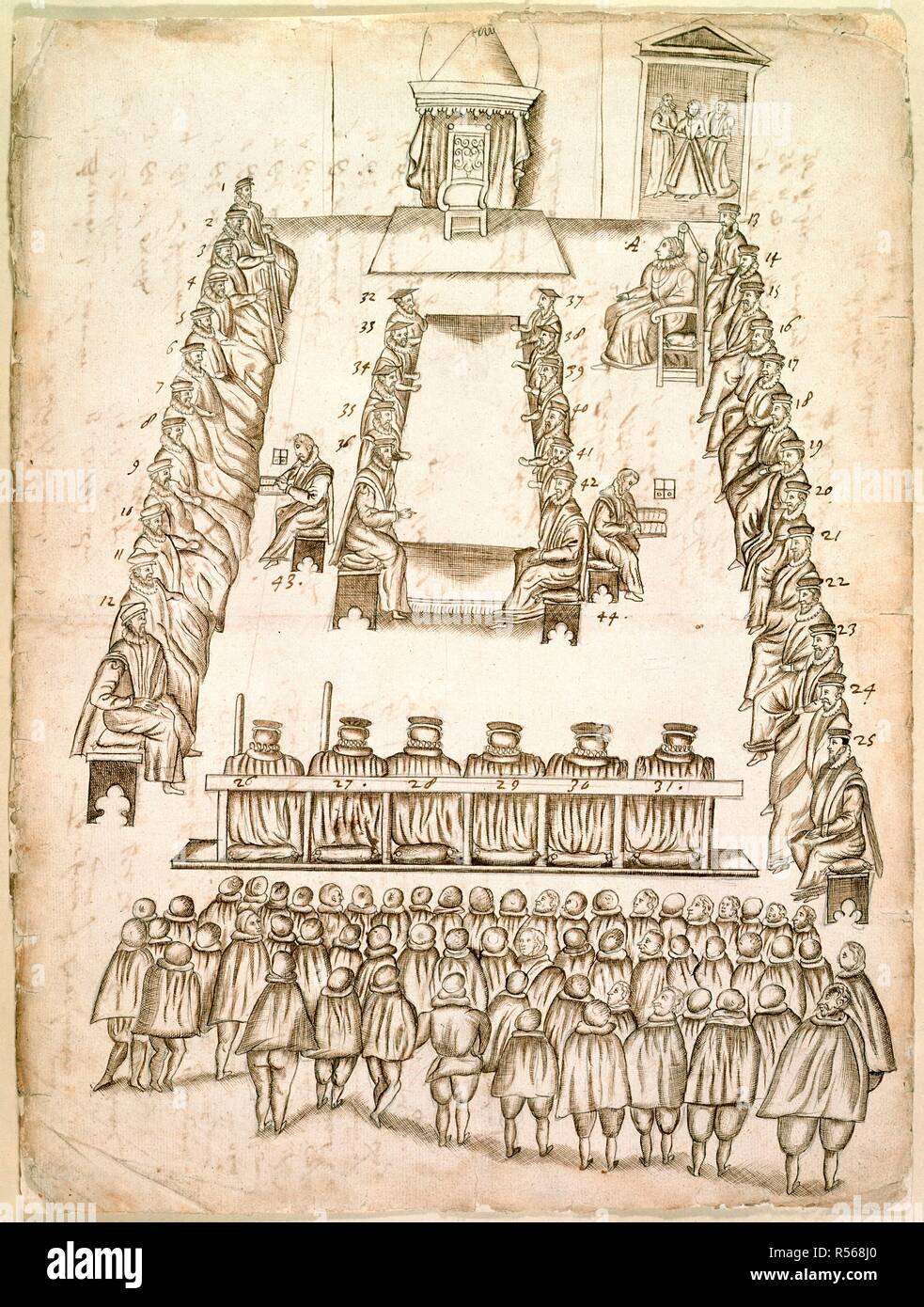 Versione di prova di Maria Regina di Scozia. I documenti e la corrispondenza relativi a Maria, Regina. Inghilterra; 1586. [Intero disegno] disegno della versione di prova di Maria Regina di Scozia, nella grande camera a Fotheringay Castle, Co. Northants., 14-15 ottobre 1586 immagini tratte da documenti e la corrispondenza relativi a Maria Regina di Scozia. Originariamente pubblicato/prodotto in Inghilterra; 1586. . Fonte: Aggiungi. 48027, f.569*. Lingua: Inglese. Foto Stock